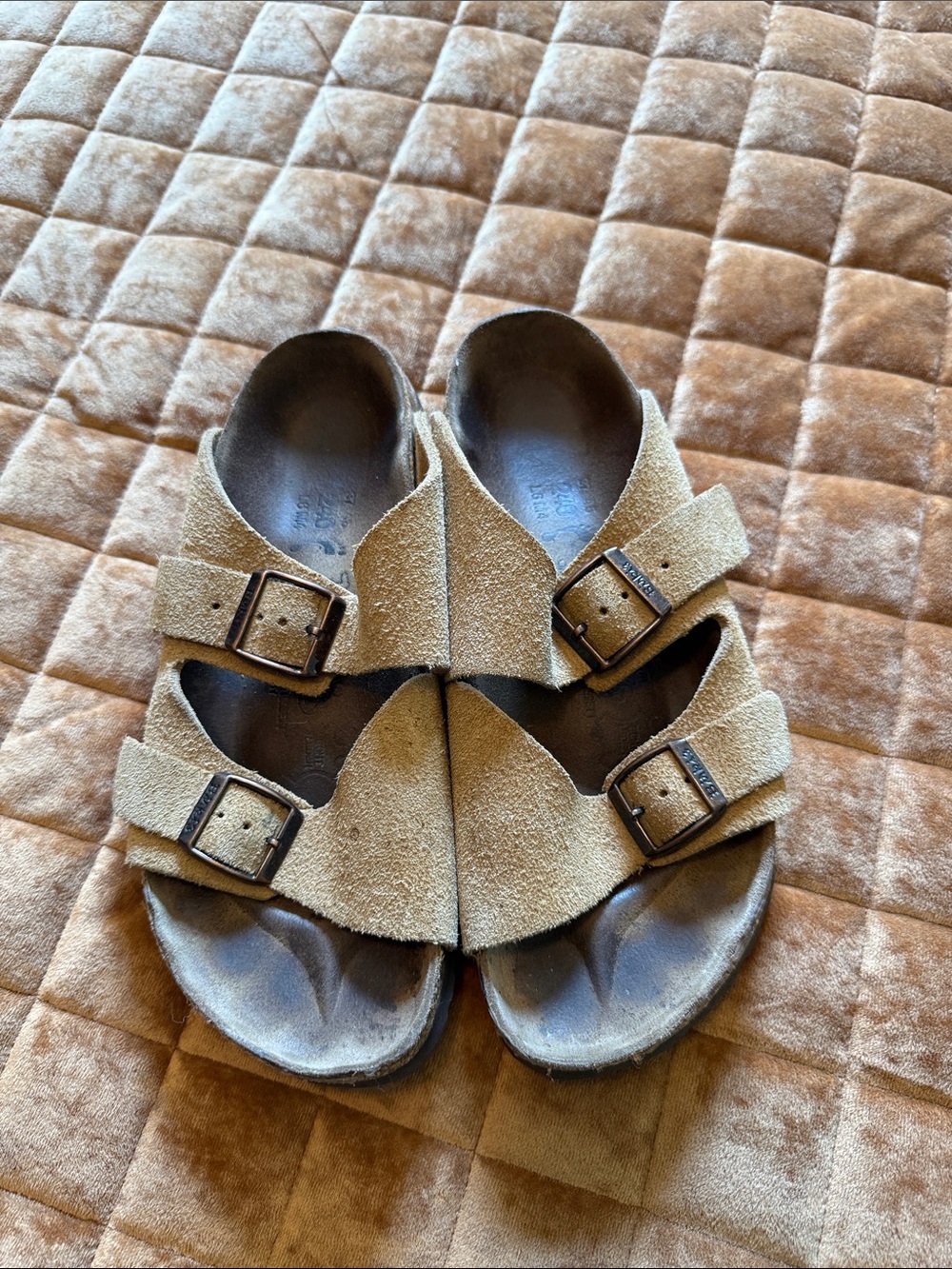 Birkenstock “Birkis” Suede Two-Buckle Sandals in Light Brown